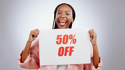 Portrait, sale sign or happy black woman by discount deal, 50 percent off offer or launch ad....