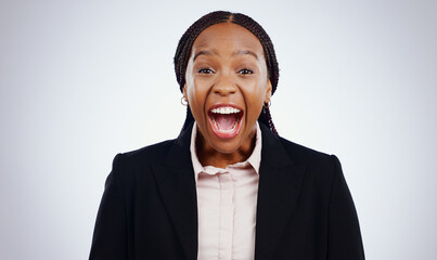 Happy, wow and portrait of black woman in studio with news, announcement or deal on grey...