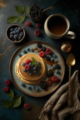 AI generated illustration of appetizing stack of pancakes topped with assorted berries and syrup - obrazy, fototapety, plakaty