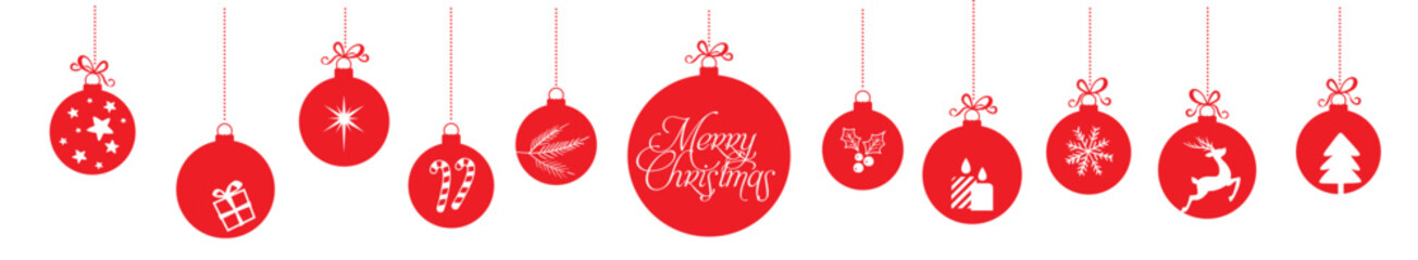 Hanging baubles with christmas greeting text. Vector seamless garland. - 672524252