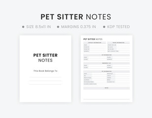 Pet Sitter Notes Printable Checklist Template. Dog, Cat, or Other Animal Information KDP Interior Book