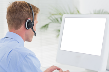 Digital png photo of caucasian businessman using computer at desk on transparent background