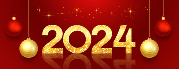golden sparkling 2024 text new year eve banner with xmas bauble