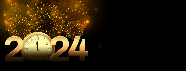 happy new year 2024 firework celebration banner with golden clock design - obrazy, fototapety, plakaty