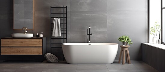 Modern apartment with gray tiled walls houses a chic and pristine bathroom interior