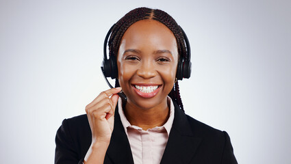 Business woman, call center and portrait for communication, customer service or support on a white background. Happy face of african advisor, consultant or agent in headphone for contact us in studio - obrazy, fototapety, plakaty