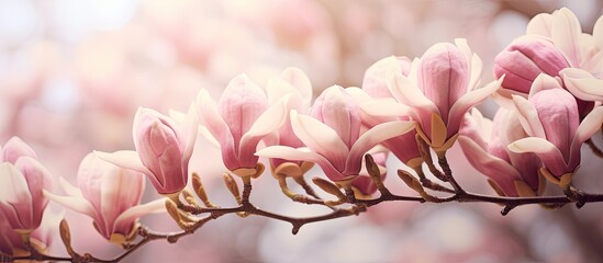 Magnificent blooms of magnolia against a hazy backdrop