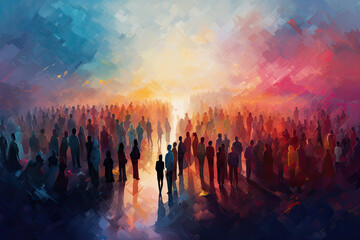 an abstract painting of people gathered in front of a colorful light - obrazy, fototapety, plakaty
