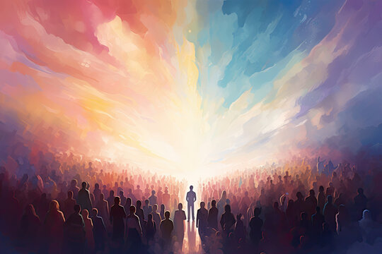 an abstract painting of people gathered in front of a colorful light