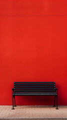 a bench against a red wall with a brick sidewalk