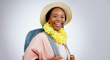 Travel, backpack and portrait of black woman in studio with adventure, freedom and vacation on grey...