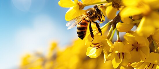 On a sunny day during springtime a honey bee gathers nectar from charlock flowers that are blooming yellow at the periphery of a Dutch nature preserve - obrazy, fototapety, plakaty