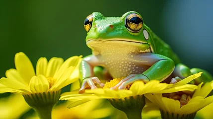 Foto op Canvas a frog sitting on a yellow flower with a green background © Huyn