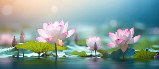 The lotus flower in the tranquil pond appears exquisite with a gentle blur effect
