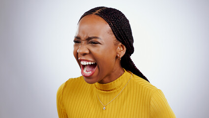 Angry, scream and frustrated face of black woman shout and yelling in studio white background....