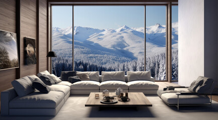 Living room with minimalist style and view overlooking nature - obrazy, fototapety, plakaty