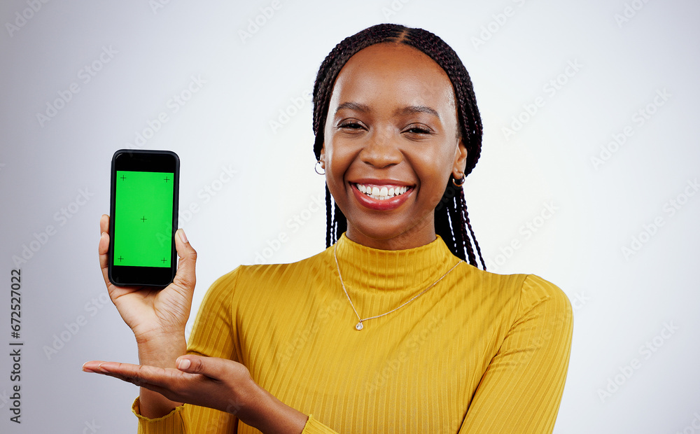 Sticker Woman, phone and green screen of marketing mockup, presentation and happy news on a white background. Face of african person on mobile app, design space and opportunity with tracking marker in studio