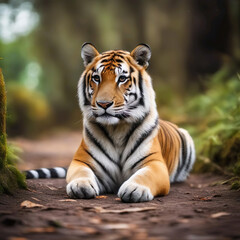 Fototapeta premium Tigre tumbado en el suelo descansando en su hábitat natural 