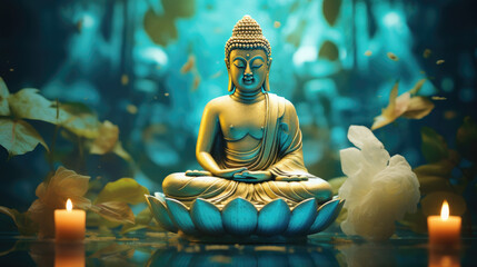 Glowing golden buddha in nature background