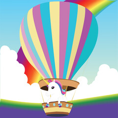 Unicorn in the hot air balloon rainbow vector - 672527432