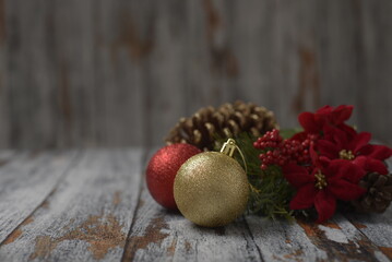 Christmas decorations on wooden table. Christmas background, selective focus.