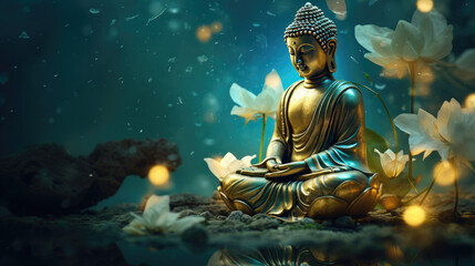 Glowing golden buddha in nature background - obrazy, fototapety, plakaty
