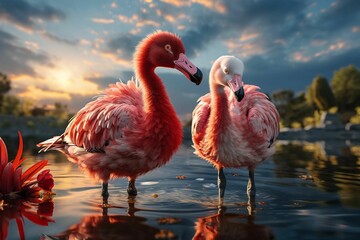AI generated illustration of two pink flamingos standing in a shallow pool of water at sunset