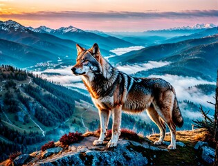 AI generated illustration of a solitary Wolf stands atop a rocky precipice