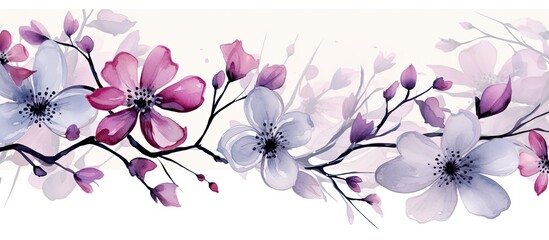 Infrared effect watercolor illustration set displays a decorative gray background featuring a branch with an Ultra Violet flowering dogwood perfect for wedding invitations and floral graphi