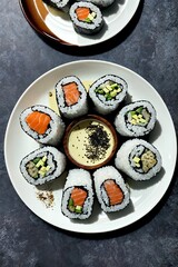 AI generated illustration of white plates filled with an array of sushi