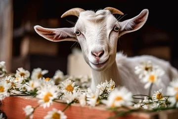 Gordijnen Portrait of a goat with flowers, daisies. Greeting card with pet farm animals. © Рика Тс