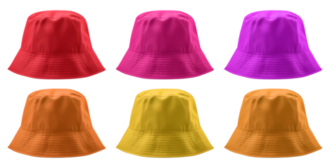 Set of red violet yellow orange bucket fisherman fishing hat on transparent background cutout, PNG file. Many assorted different colours. Mockup template for artwork graphic design