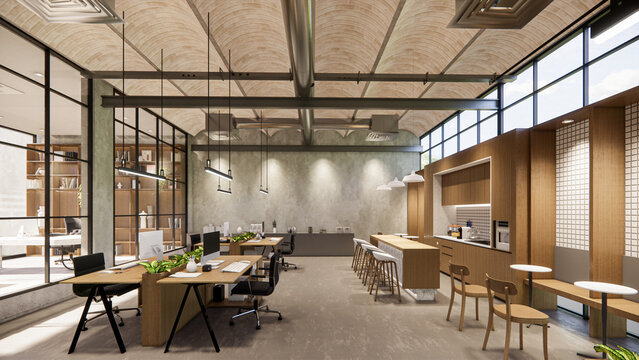 Interior Empty Modern Loft Office open space modern office footage.Modern open concept Lobby and reception area meeting room design.4k .Rendering 3d.