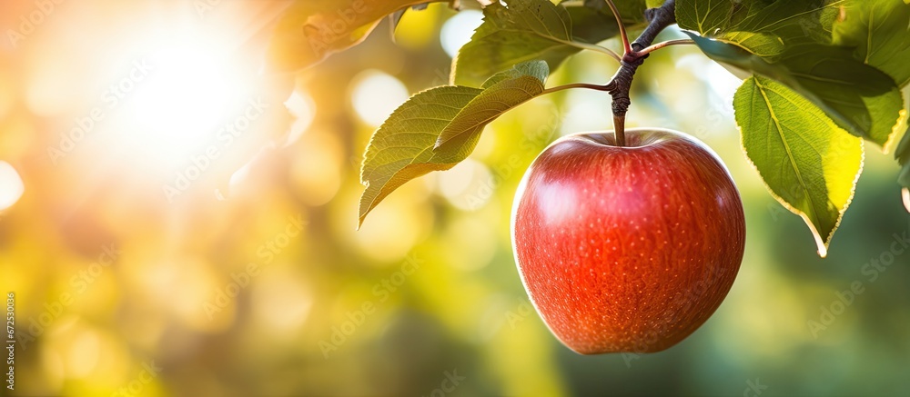 Poster the sunlight falls on a tree creating a closeup image of an apple in a vertical position