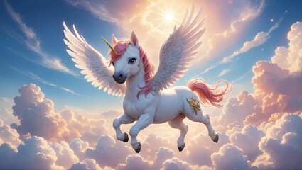 AI generated illustration of an ethereal cute unicorn flying in the sky above the clouds - obrazy, fototapety, plakaty