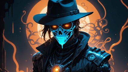 AI generated illustration of a human skeleton with glowing eyes wearing a cowboy hat - obrazy, fototapety, plakaty