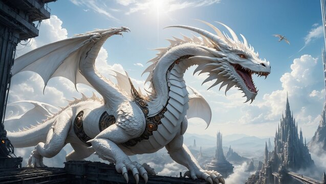 AI generated illustration of a beautiful white dragon standing above a cityscape