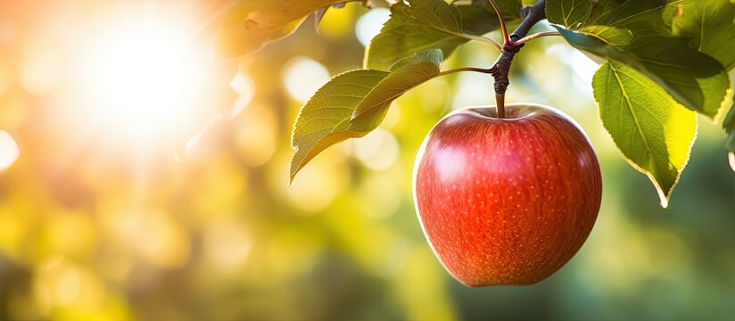 The sunlight falls on a tree creating a closeup image of an apple in a vertical position