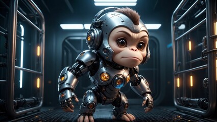 AI generated illustration of a cute cartoon robotic cyborg monkey
