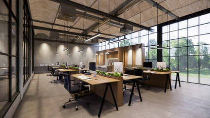 Interior Empty Modern Loft Office open space modern office footage.Modern open concept Lobby and reception area meeting room design.4k .Rendering 3d.