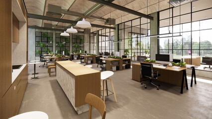 Interior Empty Modern Loft Office open space modern office footage.Modern open concept Lobby and reception area meeting room design.4k .Rendering 3d.