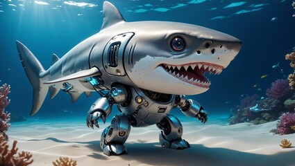 AI generated illustration of a cartoon robotic shark swimming underwater
