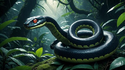 AI generated illustration of a robotic cyborg snake in a forest