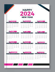Vector Calendar 2024 Template Design, One page wall calendar design for 2024.