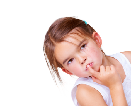 Child, question and thinking with planning, doubt and confused with choice and ideas. Youth, young girl and curious kid with thought and decision and isolated on a transparent, png background