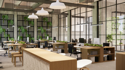 Interior Empty Modern Loft Office open space modern office footage.Modern open concept Lobby and reception area meeting room design.4k .Rendering 3d.