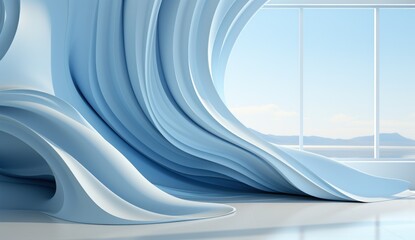 Unreal wavy interior of the future, bright title page slide stand wallpaper background screensaver, white blue, interior, sea, beach, daytime, summer, light, soft, pleasant, gentle - obrazy, fototapety, plakaty