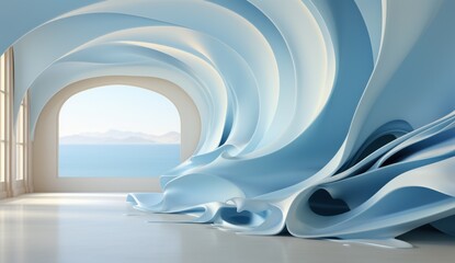 Unreal wavy interior of the future, bright title page slide stand wallpaper background screensaver, white blue, interior, sea, beach, daytime, summer, light, soft, pleasant, gentle