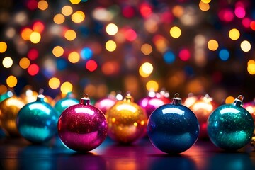 Colorful Christmas balls on bokeh background. Christmas and New Year concept. Glowing Christmas lights with bokeh effects. - obrazy, fototapety, plakaty