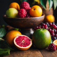 Naklejka na ściany i meble AI-generated illustration of A wooden table displaying a vibrant arrangement of fresh produce